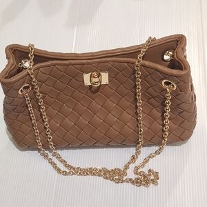Ann Taylor Woven Tan Shoulder Bag with Gold Chain